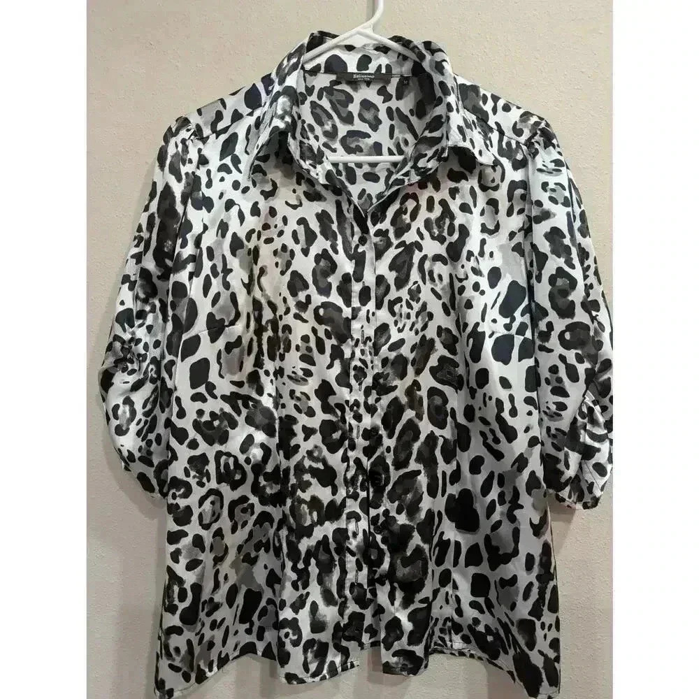 Women's silky cheetah print polyester collared buttoned up shirt by Bellissimo M